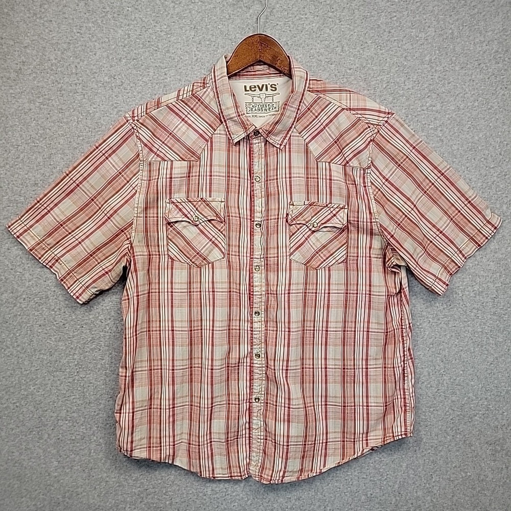 Levi's Red Cream Plaid Cowboy Western Work Pearl Snap Shirt Men's Sz XXL